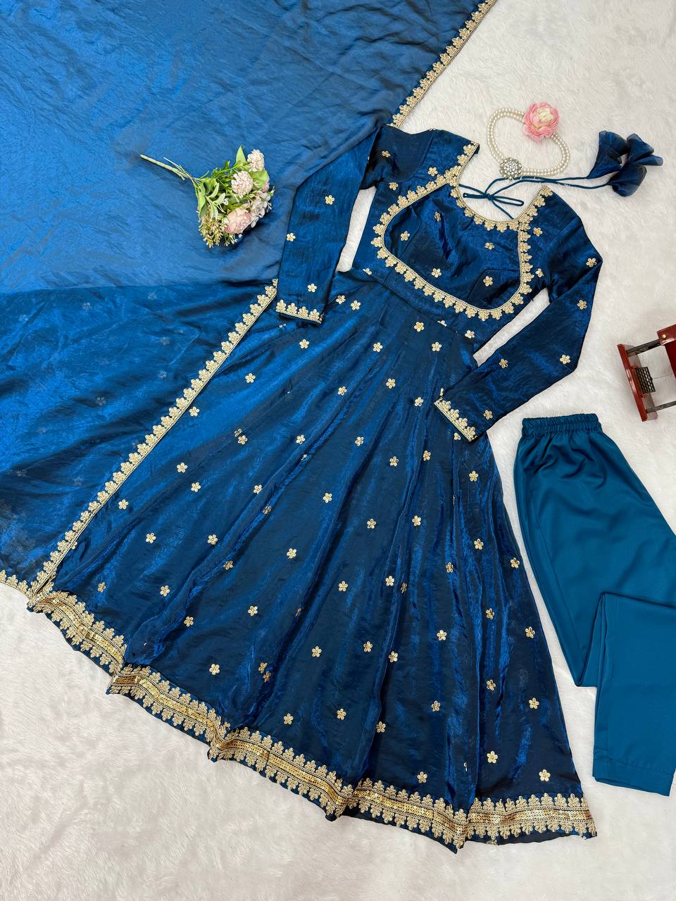 Blue Color Designer Sequence Work Long Gown With Dupatta