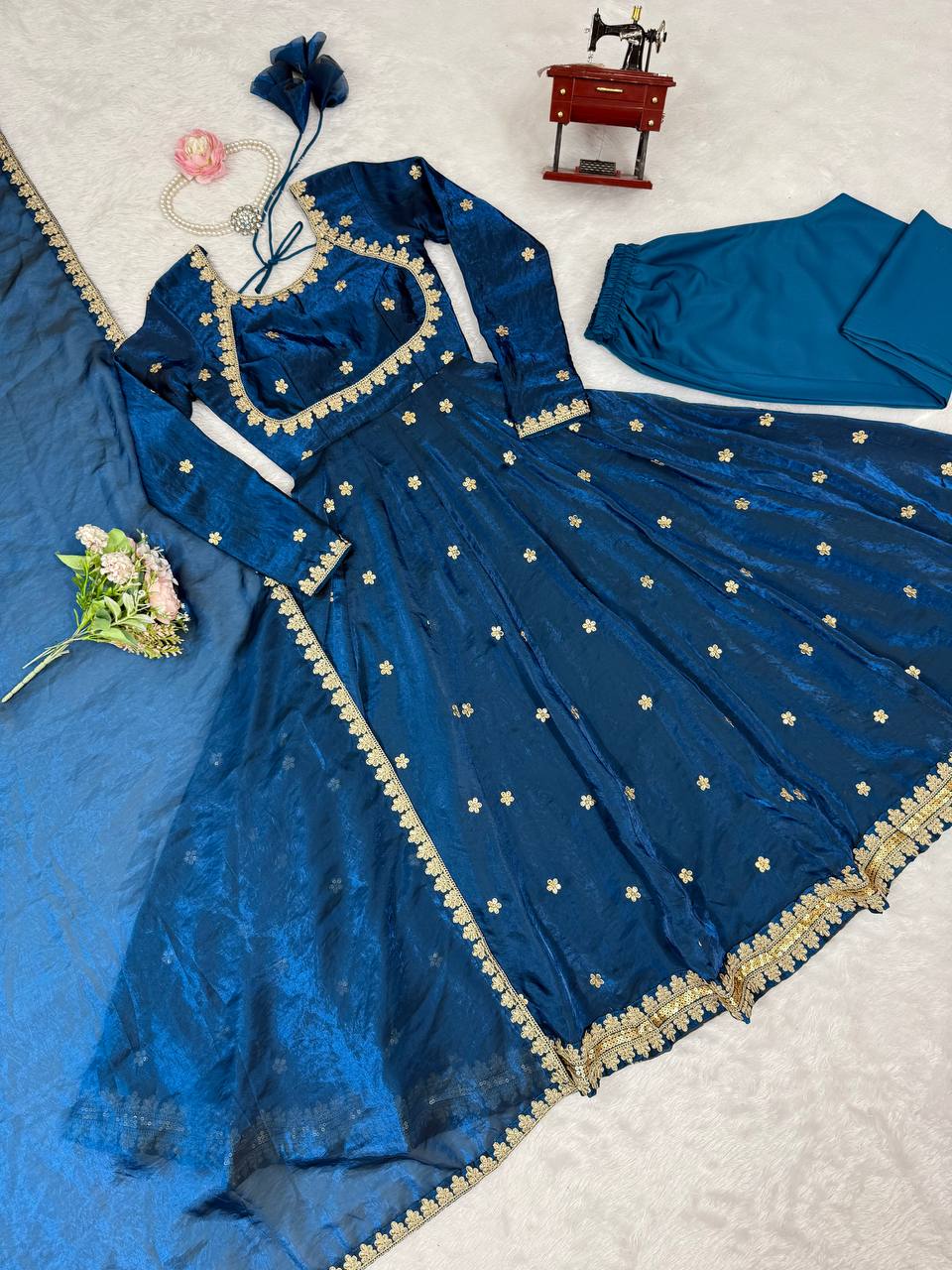 Blue Color Designer Sequence Work Long Gown With Dupatta