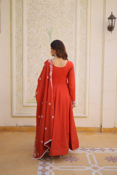 Orange Color Chanderi Silk With Embroidery Work Gown With Dupatta