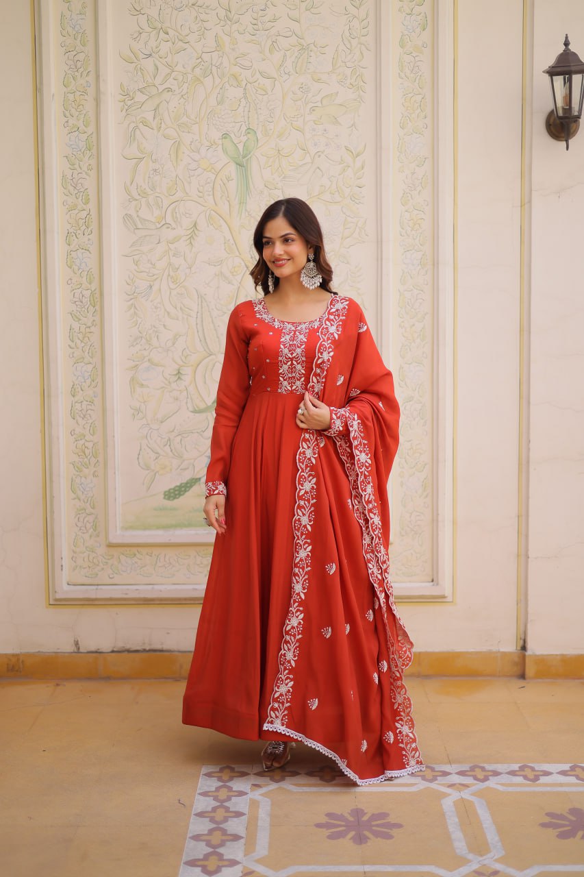 Orange Color Chanderi Silk With Embroidery Work Gown With Dupatta