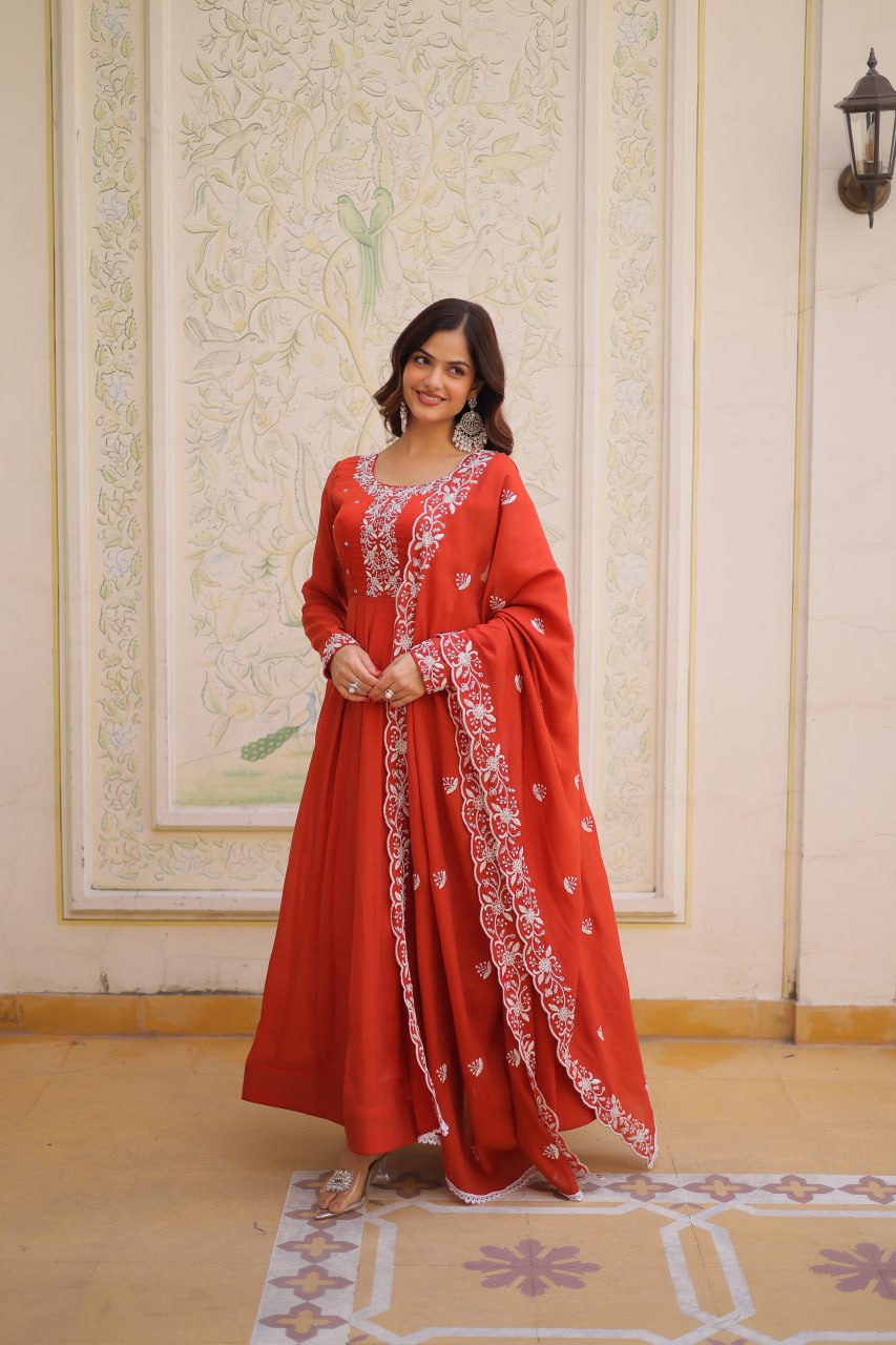 Orange Color Chanderi Silk With Embroidery Work Gown With Dupatta
