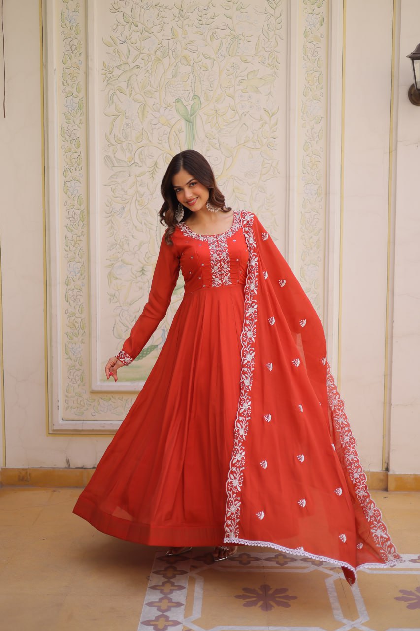 Orange Color Chanderi Silk With Embroidery Work Gown With Dupatta
