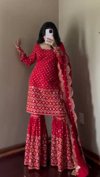 Red Color Faux Georgette With Sequence Work Sharara Suit