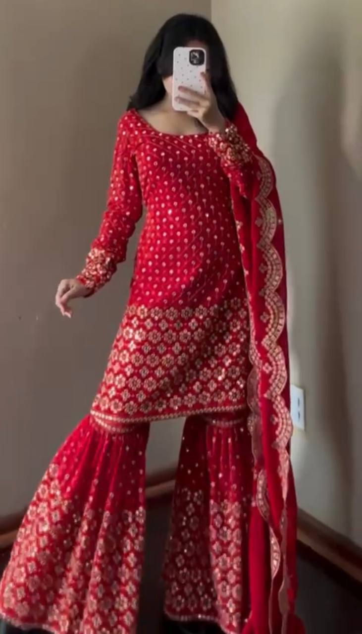 Red Color Faux Georgette With Sequence Work Sharara Suit