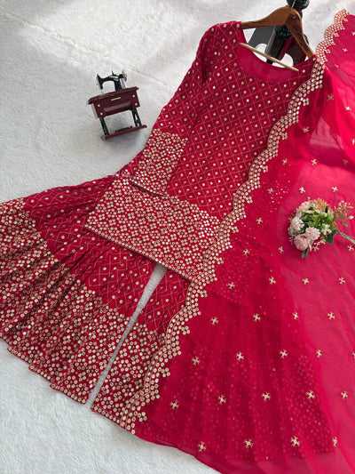 Red Color Faux Georgette With Sequence Work Sharara Suit