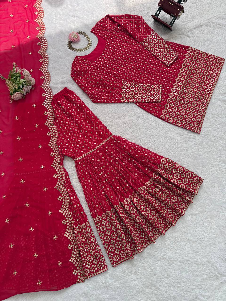 Red Color Faux Georgette With Sequence Work Sharara Suit