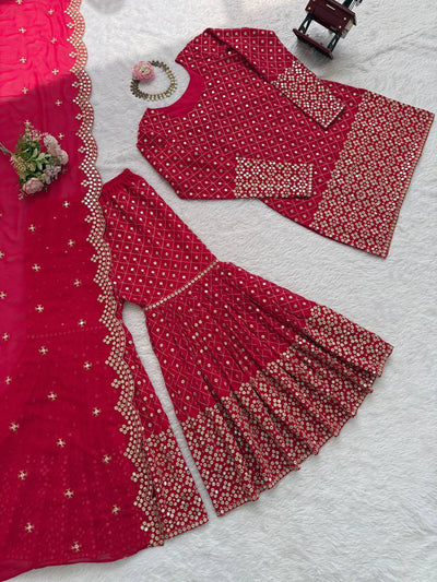 Red Color Faux Georgette With Sequence Work Sharara Suit
