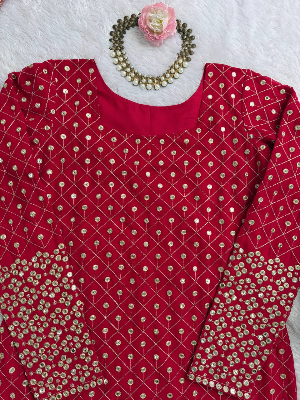 Red Color Faux Georgette With Sequence Work Sharara Suit