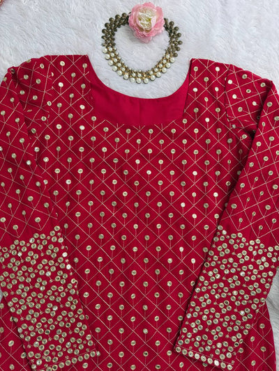 Red Color Faux Georgette With Sequence Work Sharara Suit