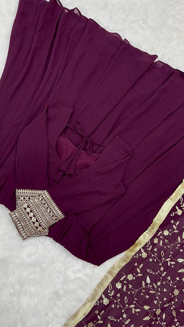 Stylish Wine Color Gown With Heavy Dupatta For Wedding