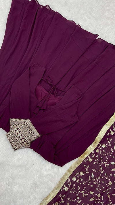 Stylish Wine Color Gown With Heavy Dupatta For Wedding