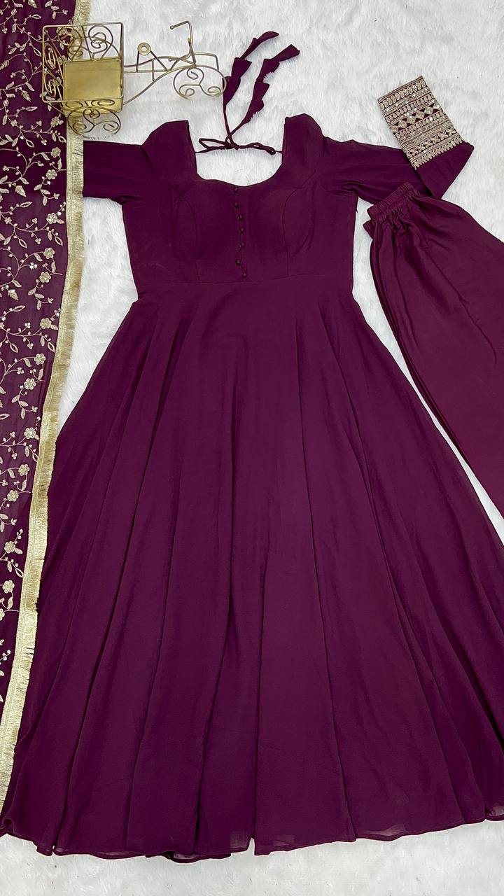 Stylish Wine Color Gown With Heavy Dupatta For Wedding