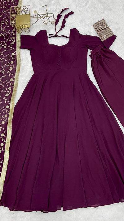 Stylish Wine Color Gown With Heavy Dupatta For Wedding