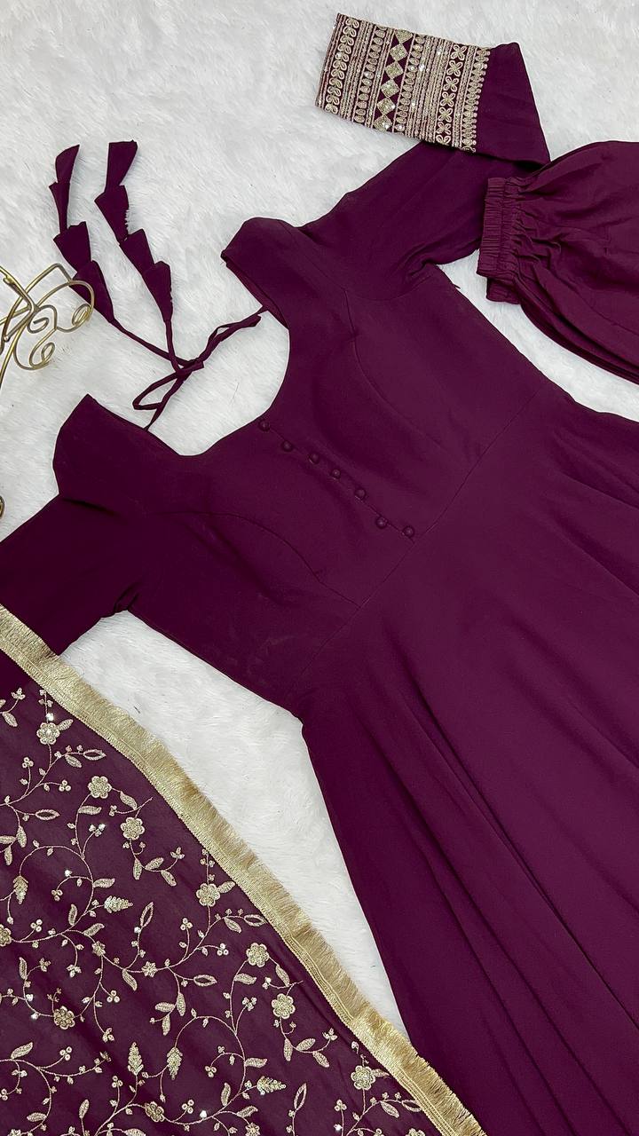 Stylish Wine Color Gown With Heavy Dupatta For Wedding