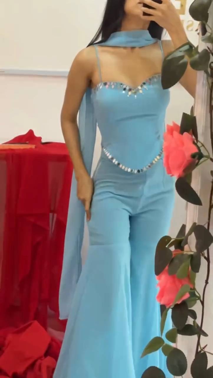 Sky Blue Color Party Wear Real Mirror Work Sharara Suit