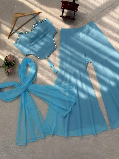 Sky Blue Color Party Wear Real Mirror Work Sharara Suit