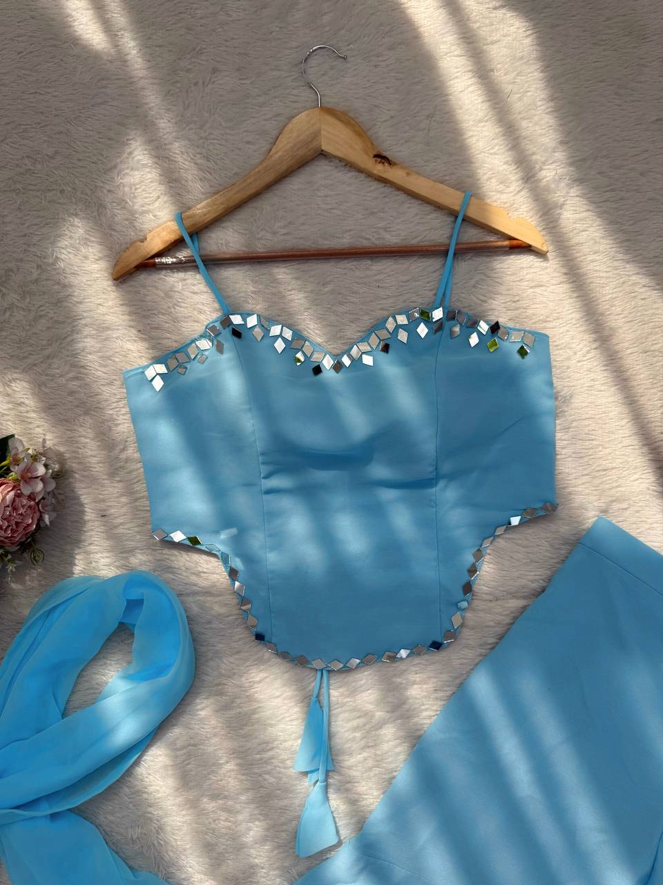 Sky Blue Color Party Wear Real Mirror Work Sharara Suit