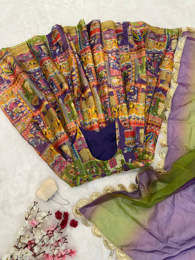 Purple Color Jimmy Chu Silk With Digital Printed Long Gown With Dupatta