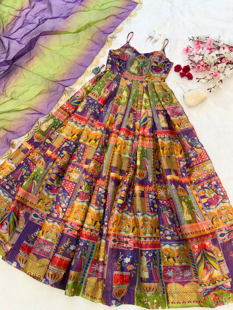 Purple Color Jimmy Chu Silk With Digital Printed Long Gown With Dupatta