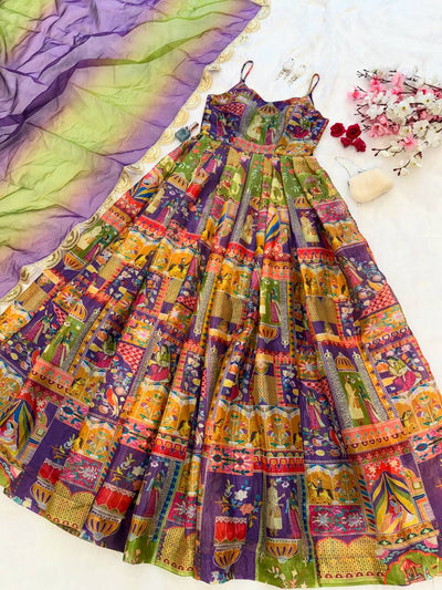 Purple Color Jimmy Chu Silk With Digital Printed Long Gown With Dupatta