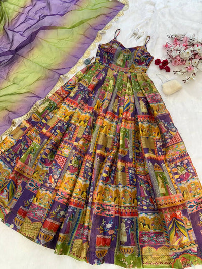 Purple Color Jimmy Chu Silk With Digital Printed Long Gown With Dupatta