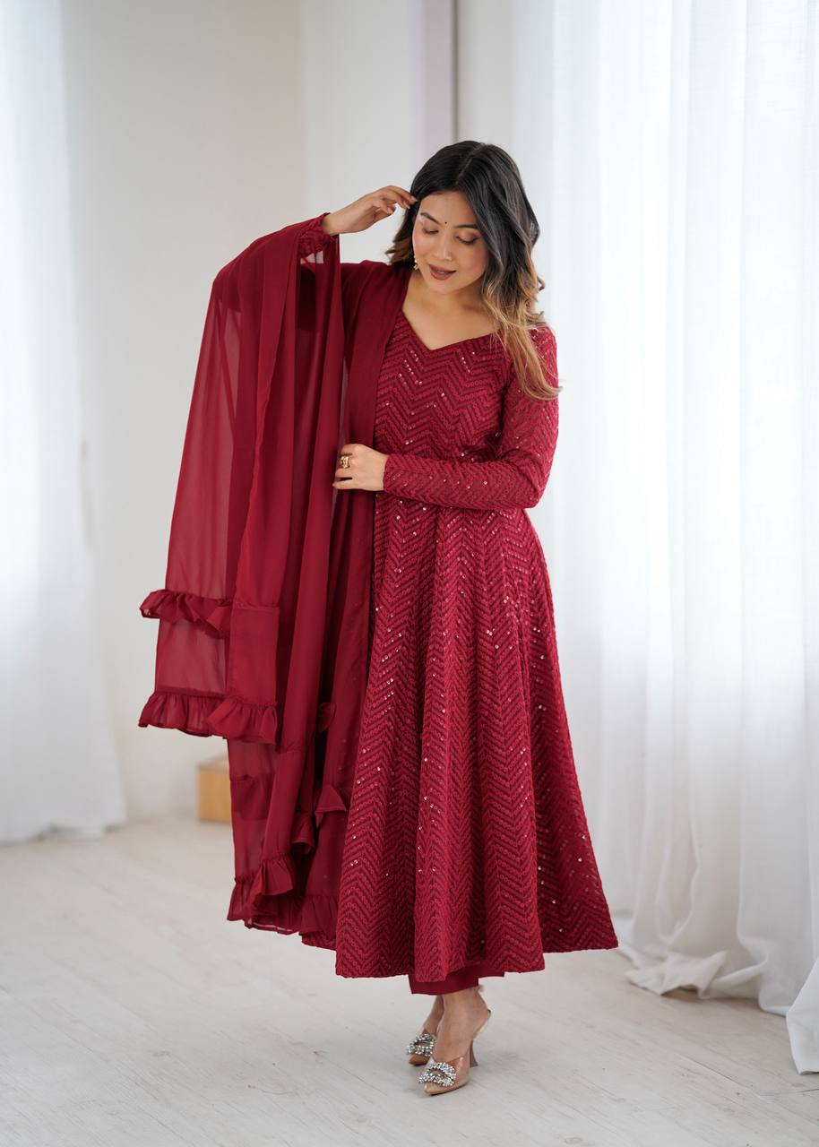Maroon Color Georgette With Sequence Embroidery Work Anarkali Suit