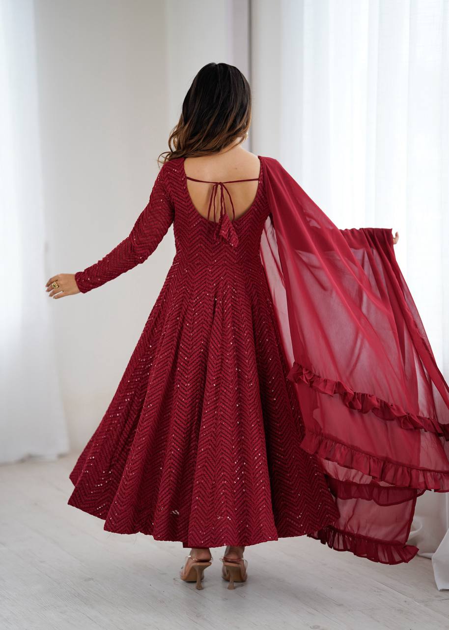 Maroon Color Georgette With Sequence Embroidery Work Long Anarkali Suit
