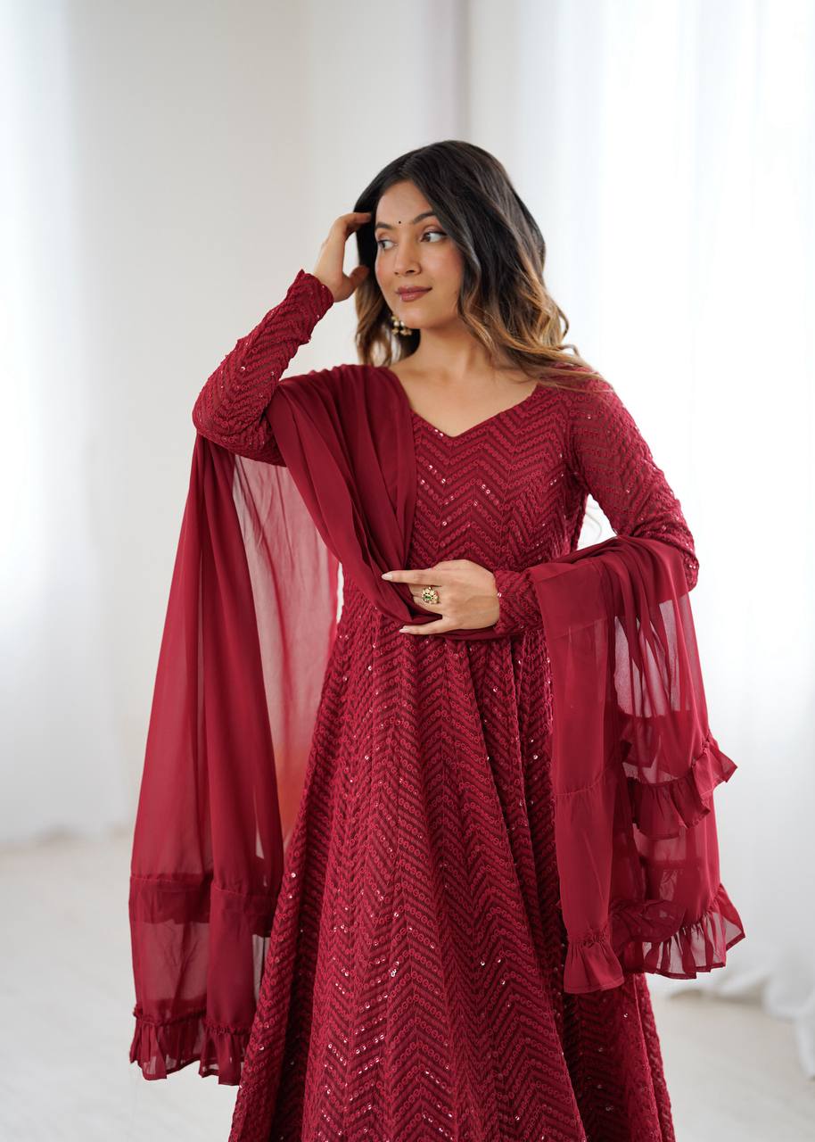 Maroon Color Georgette With Sequence Embroidery Work Long Anarkali Suit