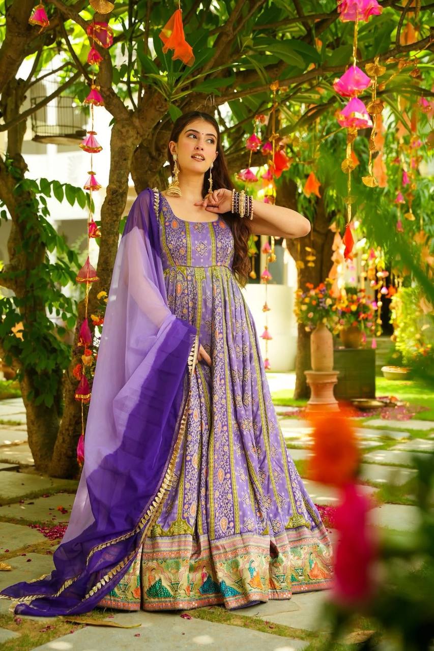 Purple Color Jimmy Chu Silk With Digital Printed Long Gown With Dupatta