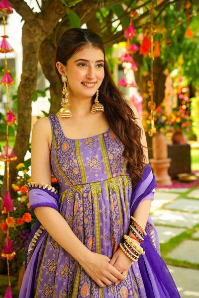 Purple Color Jimmy Chu Silk With Digital Printed Long Gown With Dupatta