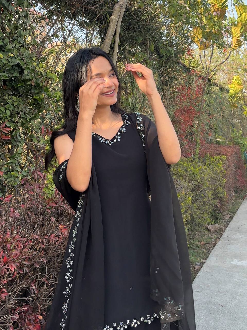 Black Color Georgette With Real Mirror Work Plazoo Set