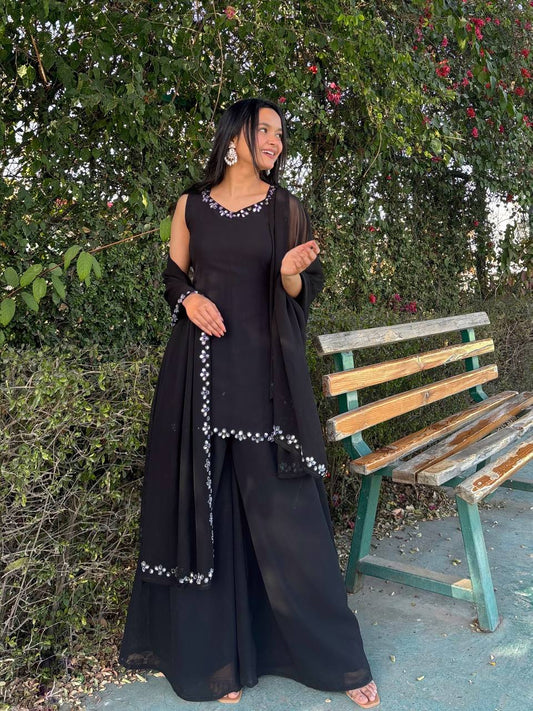 Black Color Georgette With Real Mirror Work Plazoo Set