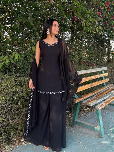 Black Color Georgette With Real Mirror Work Plazoo Set