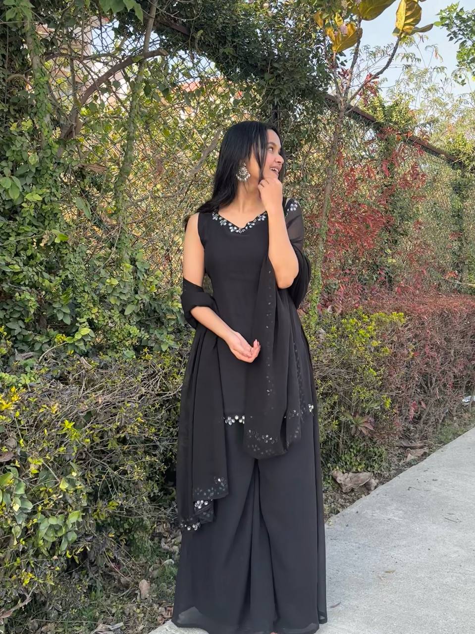 Black Color Georgette With Real Mirror Work Plazoo Set