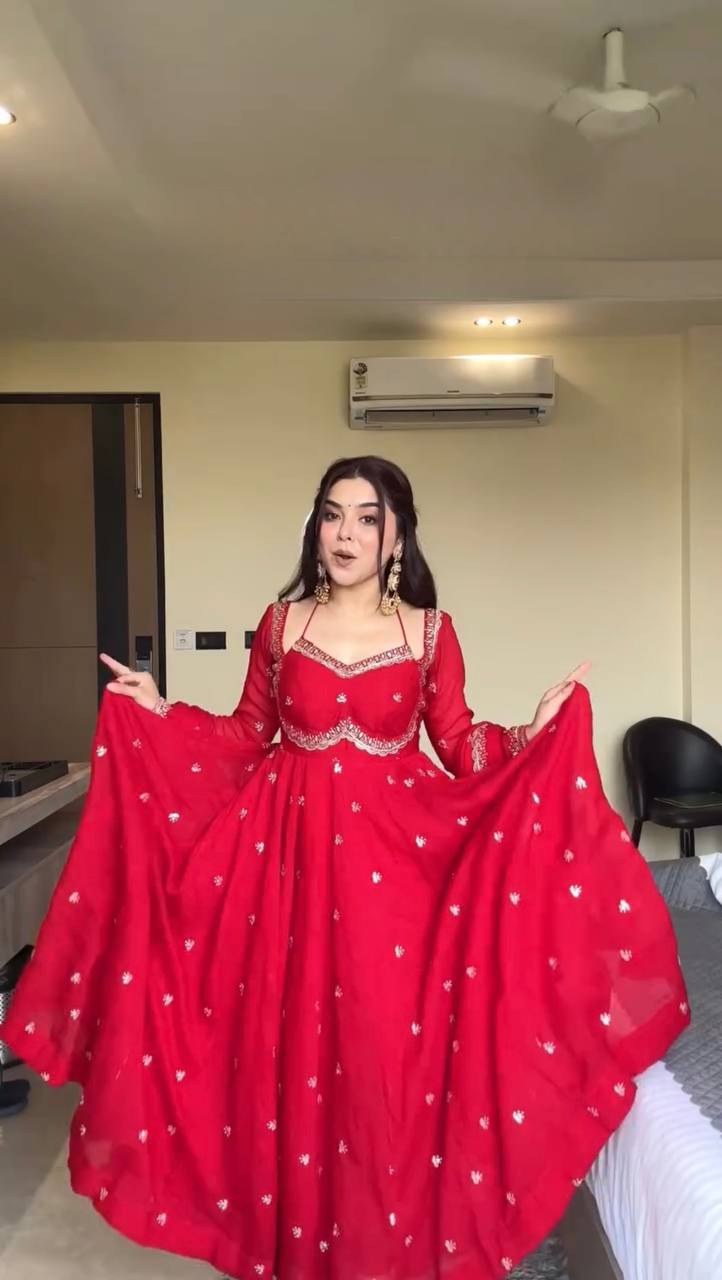 Beautiful Red Color Thread With Sequence Work Anarkali Suit