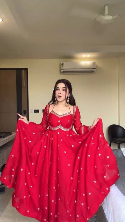 Beautiful Red Color Thread With Sequence Work Anarkali Suit