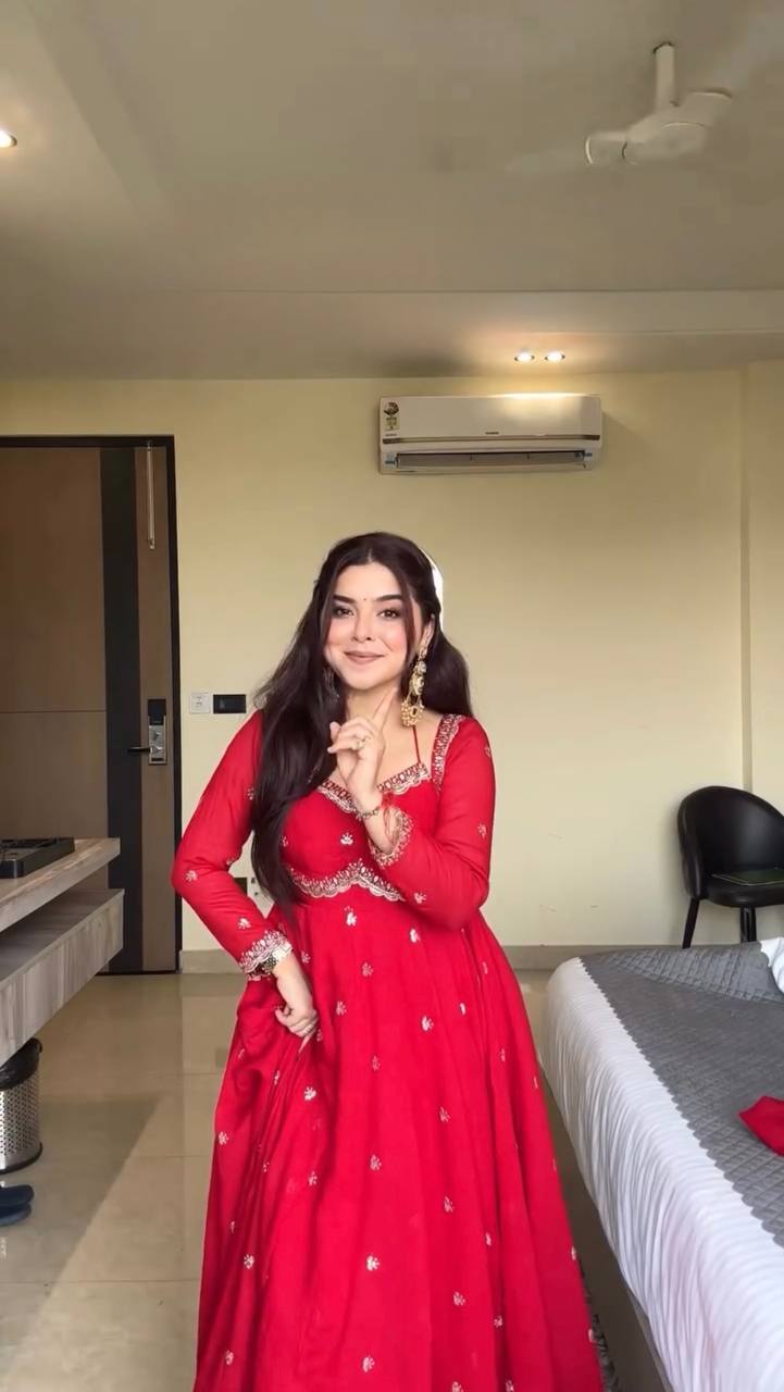 Beautiful Red Color Thread With Sequence Work Anarkali Suit