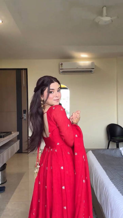 Beautiful Red Color Thread With Sequence Work Anarkali Suit