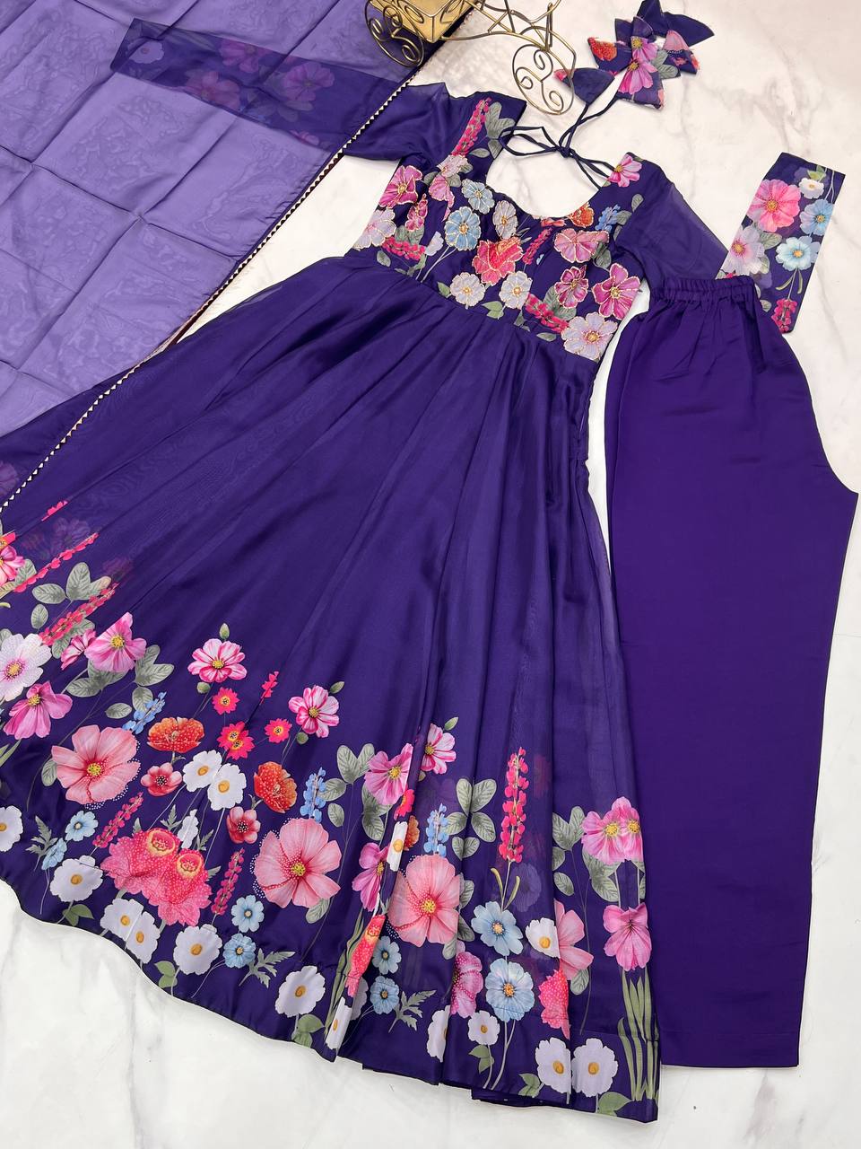 Purple Color Chiffon With Digital Flower Printed Anarkali Suit