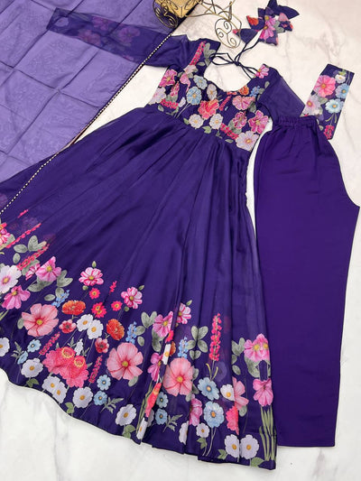 Purple Color Chiffon With Digital Flower Printed Anarkali Suit