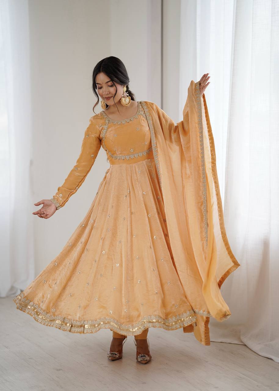 Peach Color Fandy Silk Wear Anarkali Suit With Dupatta