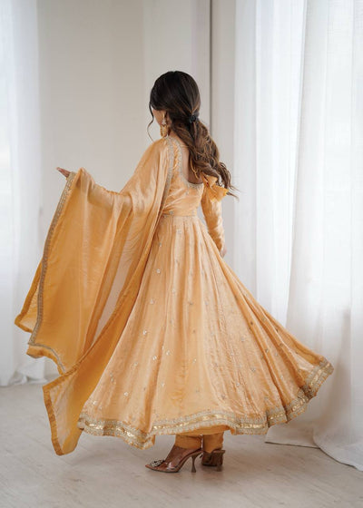 Peach Color Fandy Silk Wear Anarkali Suit With Dupatta