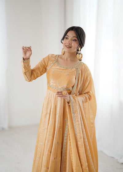 Peach Color Fandy Silk Wear Anarkali Suit With Dupatta