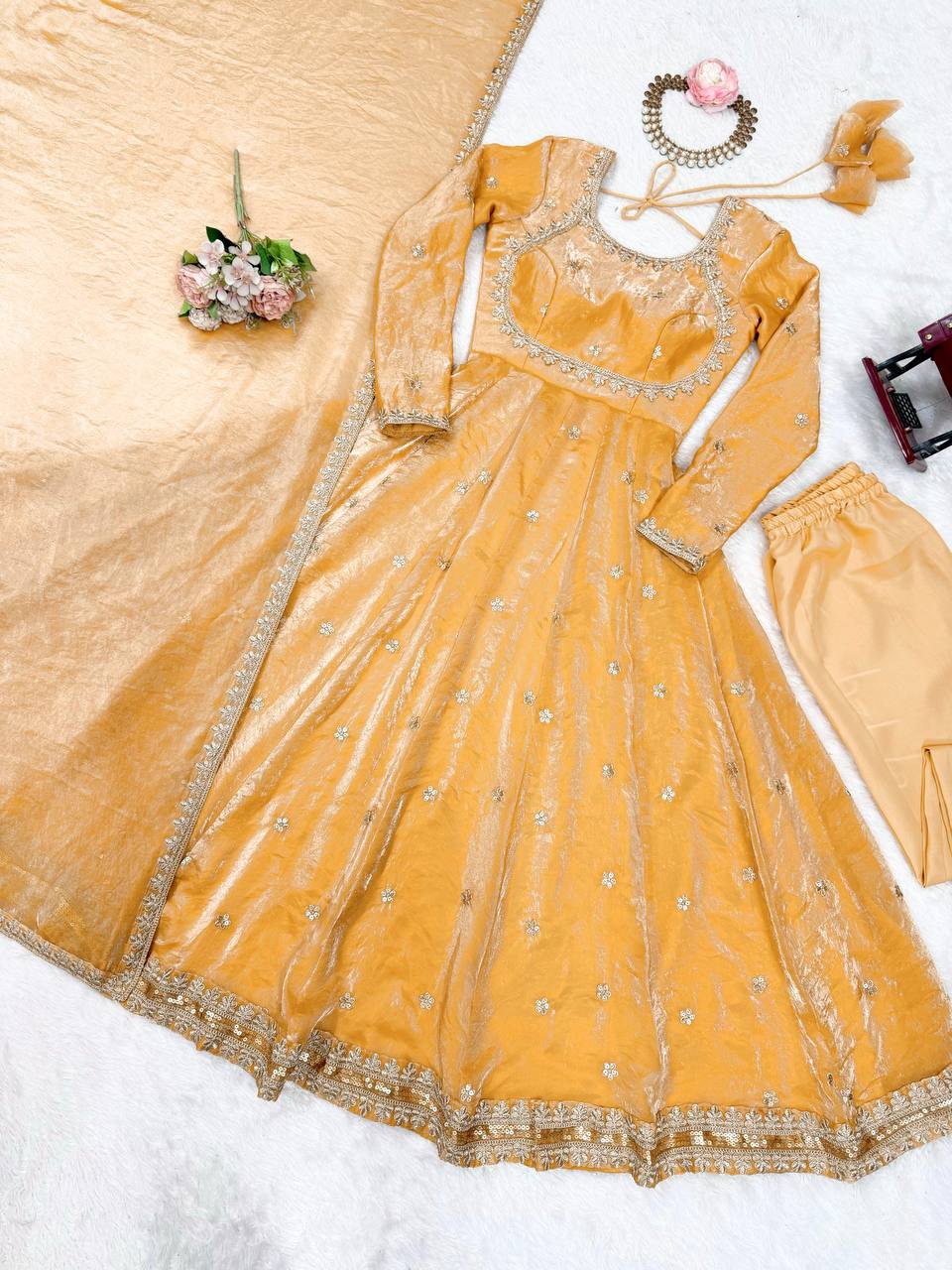 Peach Color Fandy Silk Wear Anarkali Suit With Dupatta