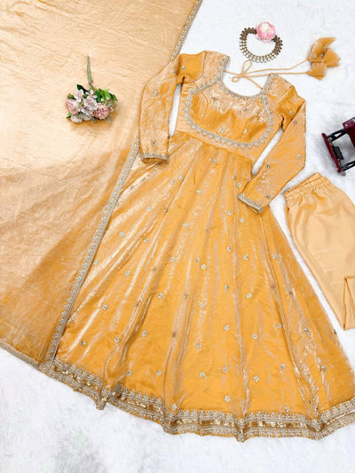 Peach Color Fandy Silk Wear Anarkali Suit With Dupatta
