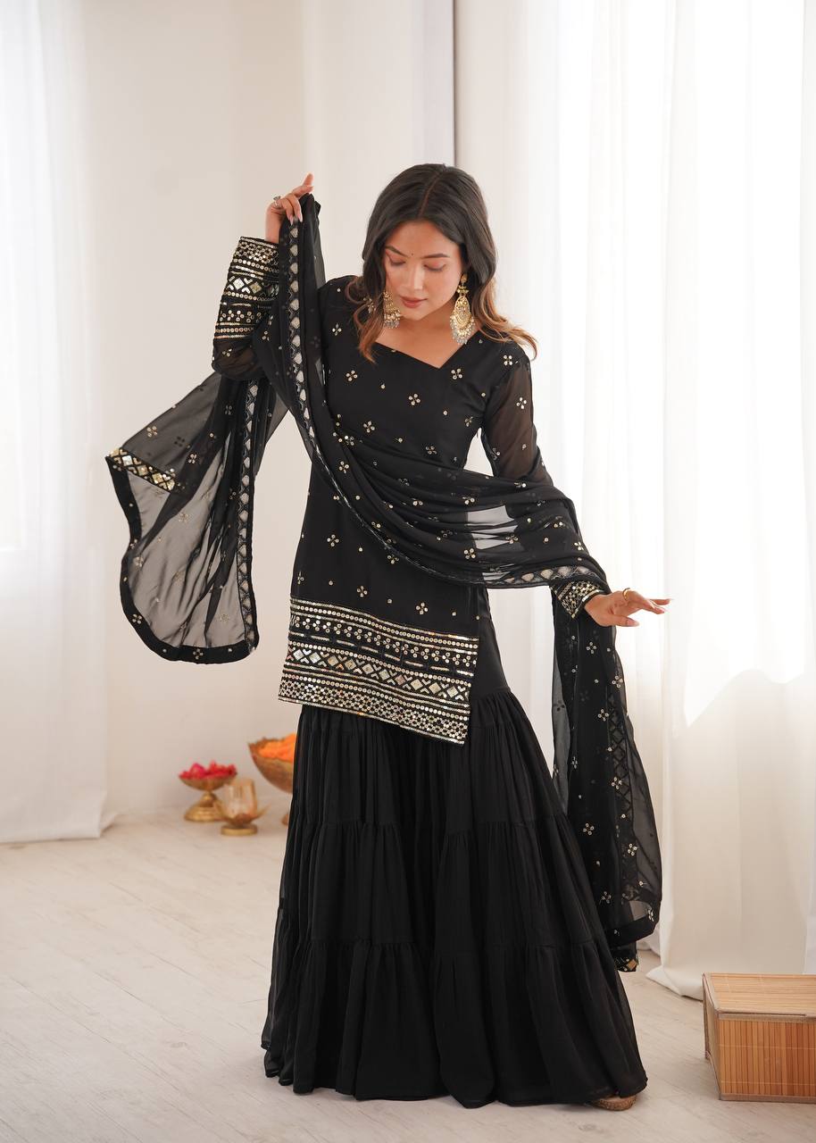 Classy Black Georgette With Embroidery And Sequence Work Sharara Suit