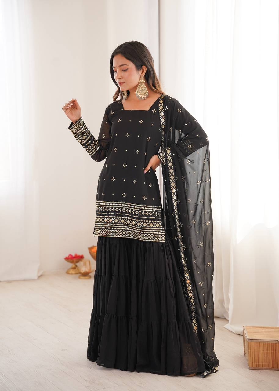 Classy Black Georgette With Embroidery And Sequence Work Sharara Suit