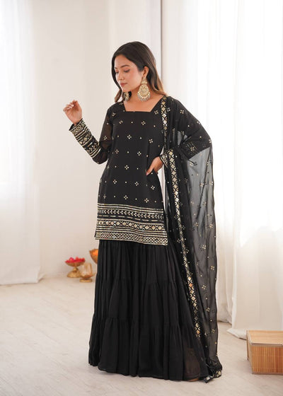Classy Black Georgette With Embroidery And Sequence Work Sharara Suit