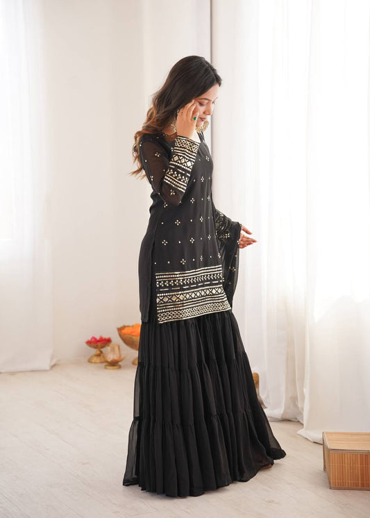 Classy Black Georgette With Embroidery And Sequence Work Sharara Suit