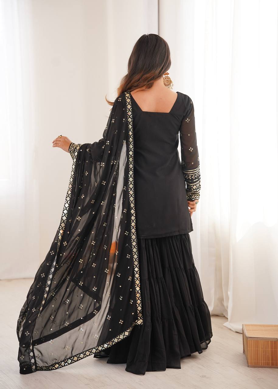 Classy Black Georgette With Embroidery And Sequence Work Sharara Suit